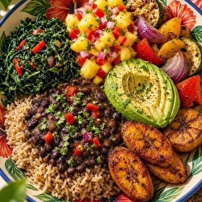 Caribbean bowl with brown rice and black beans, callaloo, avocado, mango salsa and fried plantain