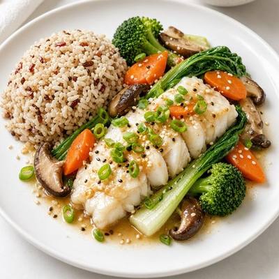 East Asian plate with steamed fish, brown rice, bok choy and miso soup