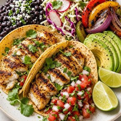 Latin American fish tacos with black beans, avocado, slaw and pico de gallo