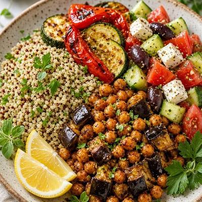 Mediterranean bowl with spiced chickpeas, quinoa, roasted vegetables, cucumber salad and lemon